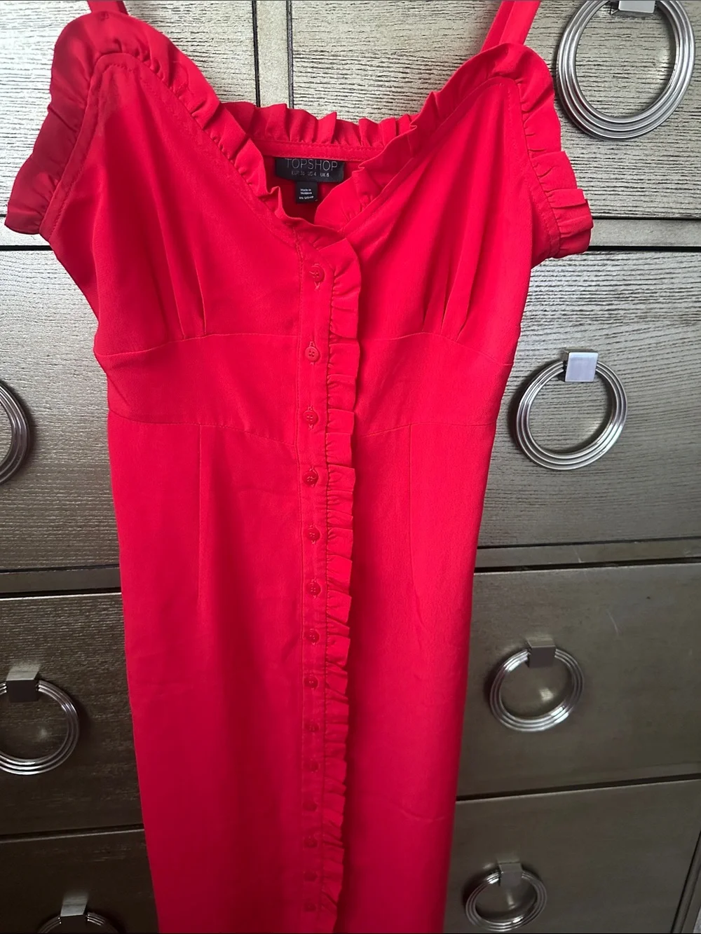 🛍️SALE🛍️ Topshop Red Ruffle-Trim Button Front Dress - Picture 8 of 9